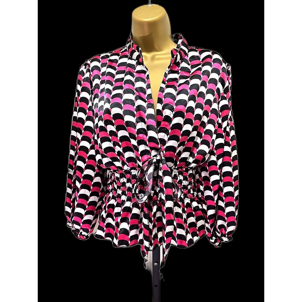 Black Fuschia Pink Satin Stretch Ruched Babydoll Top Lge Office Siren Y2K V Neck